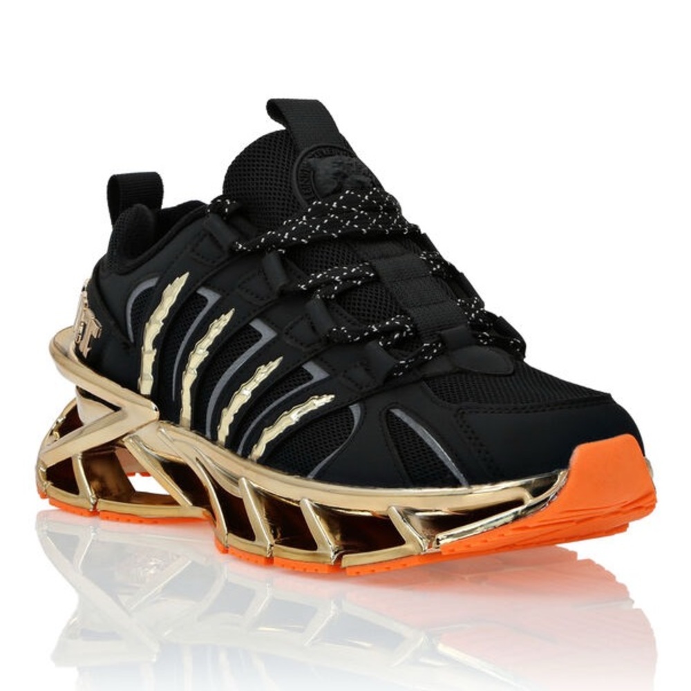 Philipp Plein Sport Black Gold Futuristic Runners with Orange Sole
